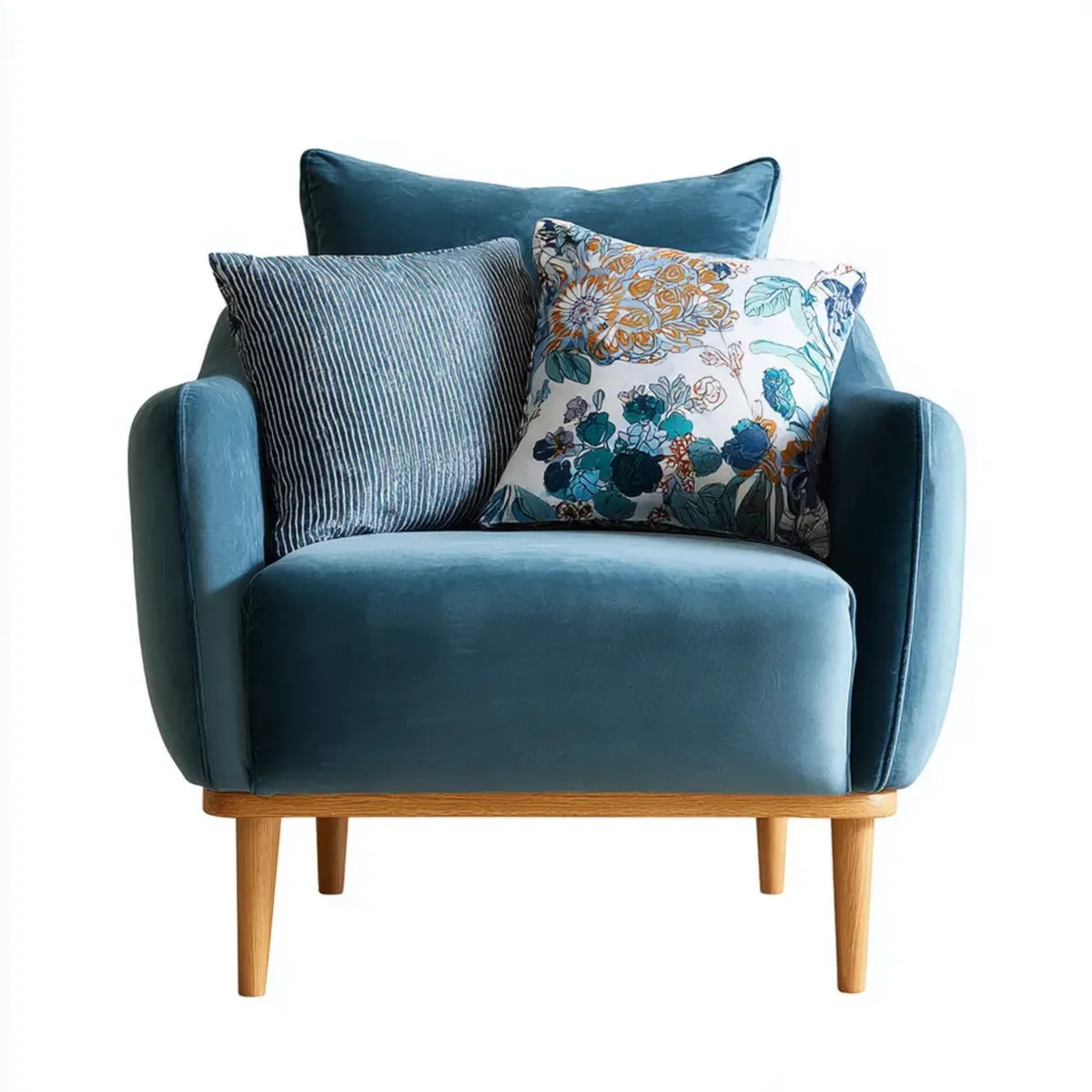Poltrona da soggiorno imbottita blu in velluto di poliestere con gambe in legno massello 82 x 78 x 88 cm