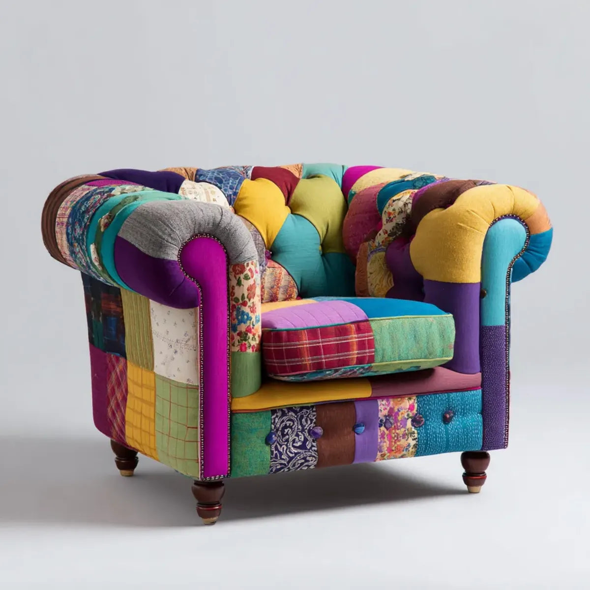 Poltrona Chesterfield patchwork multicolore in poliestere e cotone 110 x 95 x 105 cm