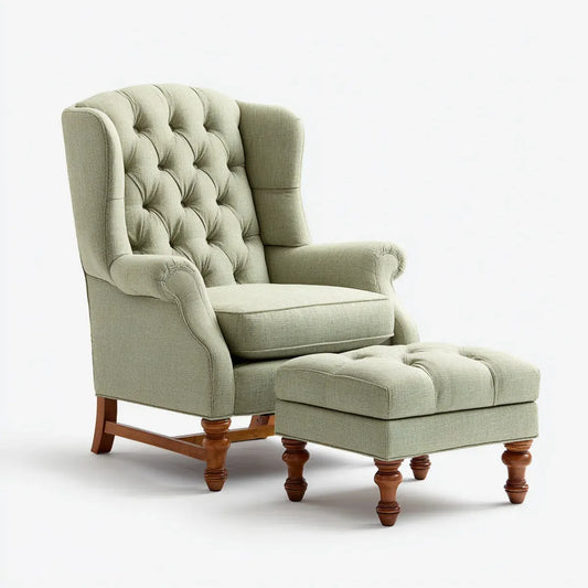 Poltrona relax con poggiapiedi verde salvia in poliestere con gambe in legno massello 80 x 90 x 105 cm