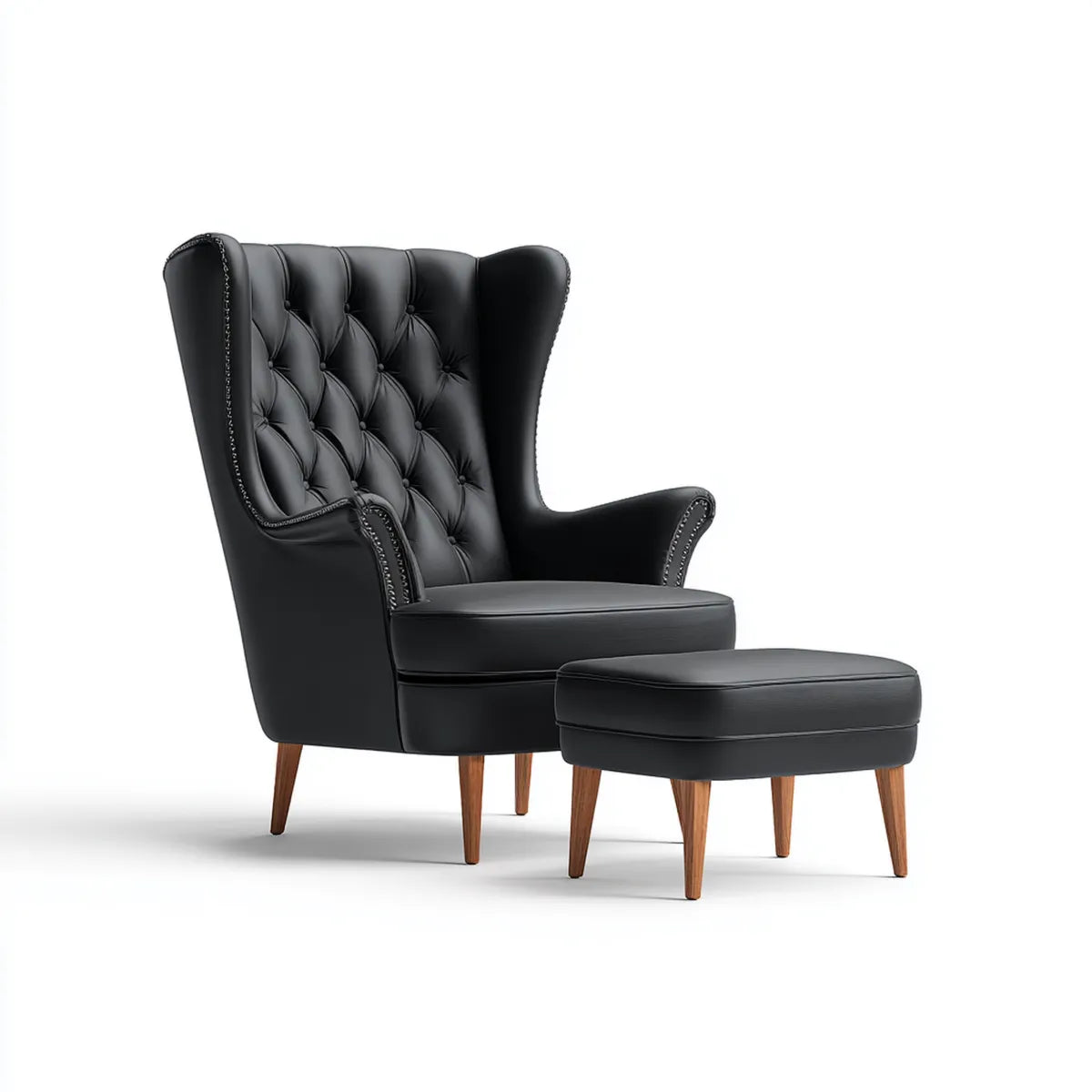 Poltrona a orecchioni con poggiapiedi nero in pelle PU e legno massello 78 x 85 x 110 cm