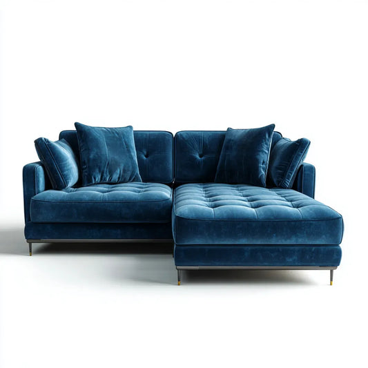 Divano angolare 3 posti blu in velluto di poliestere con chaise longue 250 x 160 x 85 cm