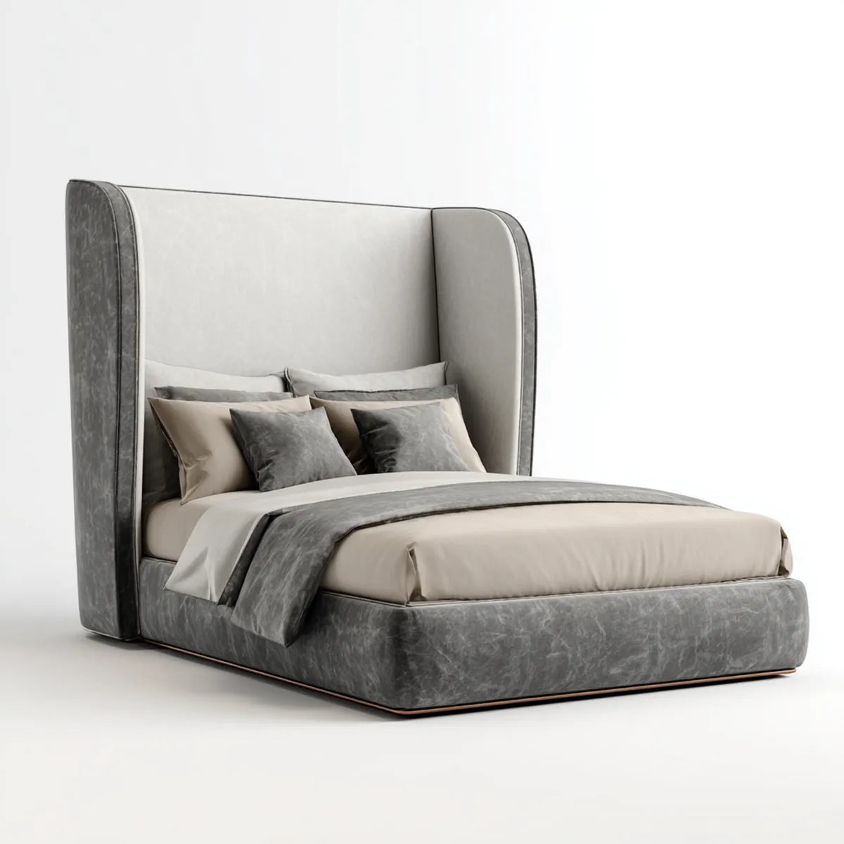 Letto matrimoniale imbottito grigio in pelle PU 180 x 200 cm con testiera alta rettangolare